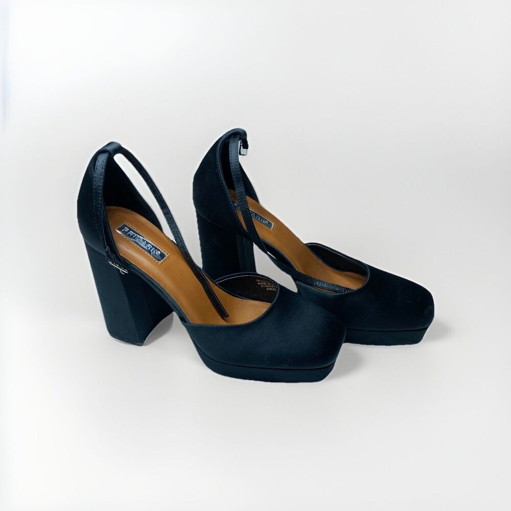Black Satin Platform Heel Womens Square Toe Size 9 Ankle Strap Sexy Pumps